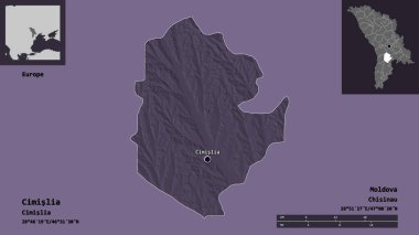 Cimislia 'nın şekli, Moldova ilçesi ve başkenti. Uzaklık ölçeği, ön gösterimler ve etiketler. Renkli yükseklik haritası. 3B görüntüleme
