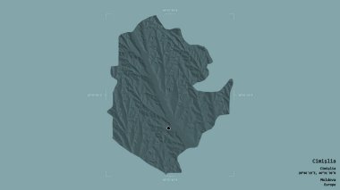 Moldova 'nın Cimislia bölgesi, jeoreferatlı bir sınır kutusunda sağlam bir arka planda izole edilmiş. Etiketler. Renkli yükseklik haritası. 3B görüntüleme
