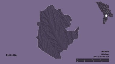 Moldova 'nın Cimislia ilçesi, başkenti sağlam arka planda izole edilmiş. Uzaklık ölçeği, bölge önizlemesi ve etiketleri. Renkli yükseklik haritası. 3B görüntüleme