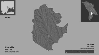 Cimislia 'nın şekli, Moldova ilçesi ve başkenti. Uzaklık ölçeği, ön gösterimler ve etiketler. Çift seviyeli yükseklik haritası. 3B görüntüleme