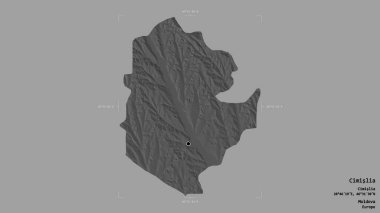 Moldova 'nın Cimislia bölgesi, jeoreferatlı bir sınır kutusunda sağlam bir arka planda izole edilmiş. Etiketler. Çift seviyeli yükseklik haritası. 3B görüntüleme