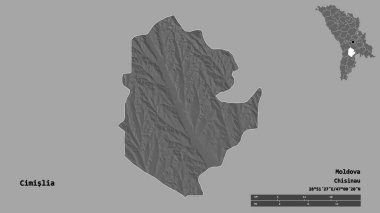Moldova 'nın Cimislia ilçesi, başkenti sağlam arka planda izole edilmiş. Uzaklık ölçeği, bölge önizlemesi ve etiketleri. Çift seviyeli yükseklik haritası. 3B görüntüleme