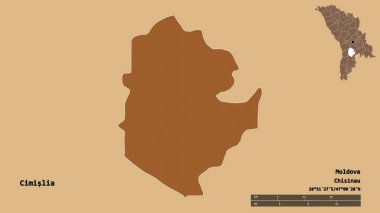 Moldova 'nın Cimislia ilçesi, başkenti sağlam arka planda izole edilmiş. Uzaklık ölçeği, bölge önizlemesi ve etiketleri. Düzenli desenli dokuların bileşimi. 3B görüntüleme