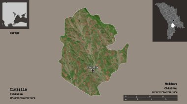 Cimislia 'nın şekli, Moldova ilçesi ve başkenti. Uzaklık ölçeği, ön gösterimler ve etiketler. Uydu görüntüleri. 3B görüntüleme