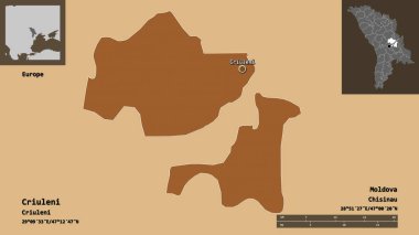 Criuleni 'nin şekli, Moldova ilçesi ve başkenti. Uzaklık ölçeği, ön gösterimler ve etiketler. Düzenli desenli dokuların bileşimi. 3B görüntüleme