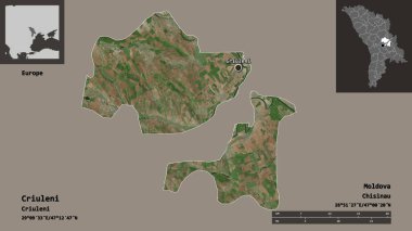 Criuleni 'nin şekli, Moldova ilçesi ve başkenti. Uzaklık ölçeği, ön gösterimler ve etiketler. Uydu görüntüleri. 3B görüntüleme