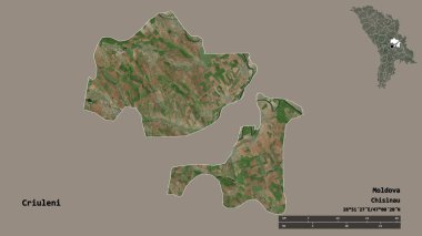Moldova 'nın Criuleni ilçesi, başkenti sağlam arka planda izole edilmiş. Uzaklık ölçeği, bölge önizlemesi ve etiketleri. Uydu görüntüleri. 3B görüntüleme