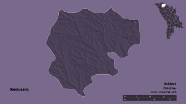 Moldova 'nın Donduseni ilçesi, başkenti sağlam bir zemin üzerinde izole edilmiştir. Uzaklık ölçeği, bölge önizlemesi ve etiketleri. Renkli yükseklik haritası. 3B görüntüleme
