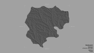Donduseni Bölgesi, Moldova Bölgesi, Gürcistan sınırlı bir kutuda sağlam bir arka planda izole edildi. Etiketler. Çift seviyeli yükseklik haritası. 3B görüntüleme