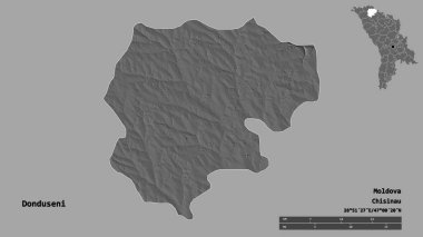 Moldova 'nın Donduseni ilçesi, başkenti sağlam bir zemin üzerinde izole edilmiştir. Uzaklık ölçeği, bölge önizlemesi ve etiketleri. Çift seviyeli yükseklik haritası. 3B görüntüleme