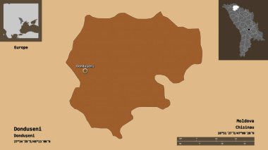 Donduseni 'nin şekli, Moldova ilçesi ve başkenti. Uzaklık ölçeği, ön gösterimler ve etiketler. Düzenli desenli dokuların bileşimi. 3B görüntüleme