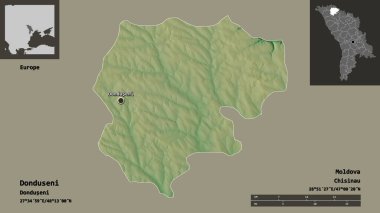 Donduseni 'nin şekli, Moldova ilçesi ve başkenti. Uzaklık ölçeği, ön gösterimler ve etiketler. Topografik yardım haritası. 3B görüntüleme