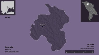 Drochia 'nın şekli, Moldova ilçesi ve başkenti. Uzaklık ölçeği, ön gösterimler ve etiketler. Renkli yükseklik haritası. 3B görüntüleme