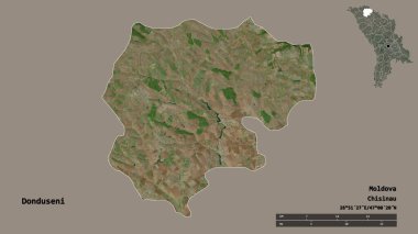 Moldova 'nın Donduseni ilçesi, başkenti sağlam bir zemin üzerinde izole edilmiştir. Uzaklık ölçeği, bölge önizlemesi ve etiketleri. Uydu görüntüleri. 3B görüntüleme