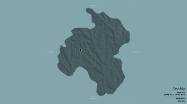 Moldova 'nın Drochia ilçesi, jeoreferatlı bir sınır kutusunun sağlam bir arka planında izole edilmiş. Etiketler. Renkli yükseklik haritası. 3B görüntüleme