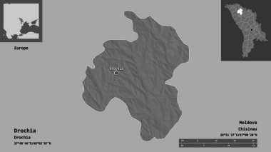 Drochia 'nın şekli, Moldova ilçesi ve başkenti. Uzaklık ölçeği, ön gösterimler ve etiketler. Çift seviyeli yükseklik haritası. 3B görüntüleme