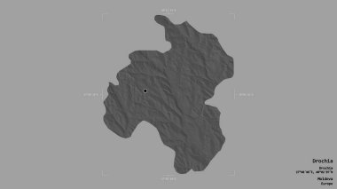 Moldova 'nın Drochia ilçesi, jeoreferatlı bir sınır kutusunun sağlam bir arka planında izole edilmiş. Etiketler. Çift seviyeli yükseklik haritası. 3B görüntüleme