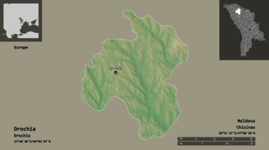 Drochia 'nın şekli, Moldova ilçesi ve başkenti. Uzaklık ölçeği, ön gösterimler ve etiketler. Topografik yardım haritası. 3B görüntüleme