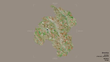 Moldova 'nın Drochia ilçesi, jeoreferatlı bir sınır kutusunun sağlam bir arka planında izole edilmiş. Etiketler. Uydu görüntüleri. 3B görüntüleme