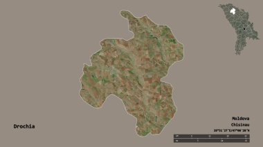 Moldova 'nın Drochia ilçesi, başkenti sağlam bir zemin üzerinde izole edilmiştir. Uzaklık ölçeği, bölge önizlemesi ve etiketleri. Uydu görüntüleri. 3B görüntüleme