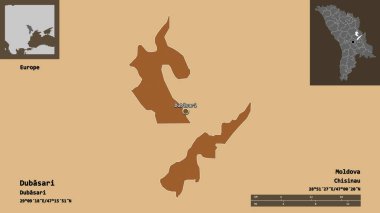 Moldova 'nın Dubasari ilçesi ve başkenti. Uzaklık ölçeği, ön gösterimler ve etiketler. Düzenli desenli dokuların bileşimi. 3B görüntüleme