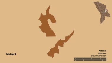 Moldova 'nın Dubasari ilçesi, başkenti sağlam arka planda izole edilmiş. Uzaklık ölçeği, bölge önizlemesi ve etiketleri. Düzenli desenli dokuların bileşimi. 3B görüntüleme