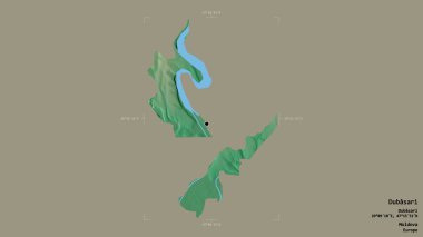 Moldova 'nın Dubasari bölgesi, Gürcistan sınırındaki bir kutunun sağlam bir arka planında izole edilmiş. Etiketler. Topografik yardım haritası. 3B görüntüleme