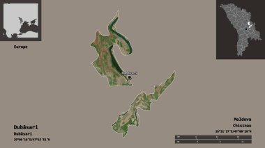 Moldova 'nın Dubasari ilçesi ve başkenti. Uzaklık ölçeği, ön gösterimler ve etiketler. Uydu görüntüleri. 3B görüntüleme