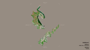 Moldova 'nın Dubasari bölgesi, Gürcistan sınırındaki bir kutunun sağlam bir arka planında izole edilmiş. Etiketler. Uydu görüntüleri. 3B görüntüleme