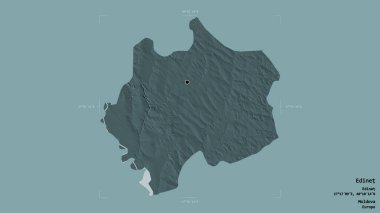 Moldova 'nın Edinet bölgesi, jeoreferatlı bir sınır kutusunda sağlam bir arka planda izole edilmiş. Etiketler. Renkli yükseklik haritası. 3B görüntüleme