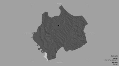 Moldova 'nın Edinet bölgesi, jeoreferatlı bir sınır kutusunda sağlam bir arka planda izole edilmiş. Etiketler. Çift seviyeli yükseklik haritası. 3B görüntüleme
