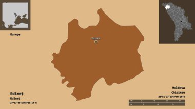 Moldova 'nın Edinet ilçesi ve başkenti. Uzaklık ölçeği, ön gösterimler ve etiketler. Düzenli desenli dokuların bileşimi. 3B görüntüleme