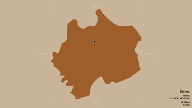 Moldova 'nın Edinet bölgesi, jeoreferatlı bir sınır kutusunda sağlam bir arka planda izole edilmiş. Etiketler. Desenli dokuların bileşimi. 3B görüntüleme