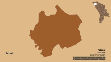 Moldova 'nın Edinet ilçesi, başkenti sağlam arka planda izole edilmiş. Uzaklık ölçeği, bölge önizlemesi ve etiketleri. Düzenli desenli dokuların bileşimi. 3B görüntüleme