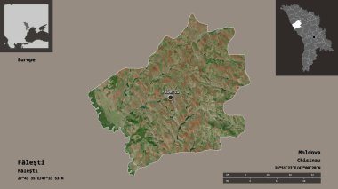 Moldova 'nın Falesti ilçesi ve başkenti. Uzaklık ölçeği, ön gösterimler ve etiketler. Uydu görüntüleri. 3B görüntüleme