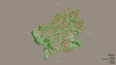 Moldova 'nın Falesti ilçesi, jeoreferatlı bir sınır kutusunda sağlam bir arka planda izole edilmiş. Etiketler. Uydu görüntüleri. 3B görüntüleme