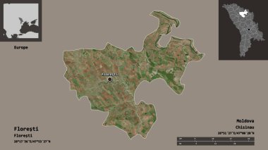 Floresti 'nin şekli, Moldova ilçesi ve başkenti. Uzaklık ölçeği, ön gösterimler ve etiketler. Uydu görüntüleri. 3B görüntüleme