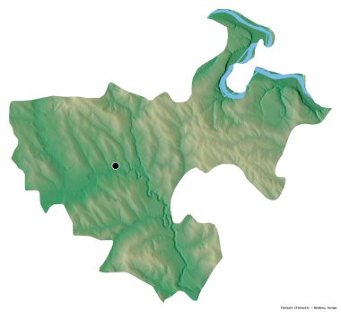 Moldova 'nın Floresti ilçesi, başkenti beyaz arka planda izole edilmiş. Topografik yardım haritası. 3B görüntüleme