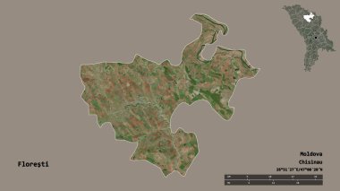 Moldova 'nın Floresti ilçesi, başkenti sağlam arka planda izole edilmiş. Uzaklık ölçeği, bölge önizlemesi ve etiketleri. Uydu görüntüleri. 3B görüntüleme