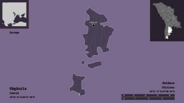 Gagauzia 'nın şekli, Moldova özerk toprağı ve başkenti. Uzaklık ölçeği, ön gösterimler ve etiketler. Renkli yükseklik haritası. 3B görüntüleme