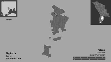 Gagauzia 'nın şekli, Moldova özerk toprağı ve başkenti. Uzaklık ölçeği, ön gösterimler ve etiketler. Çift seviyeli yükseklik haritası. 3B görüntüleme
