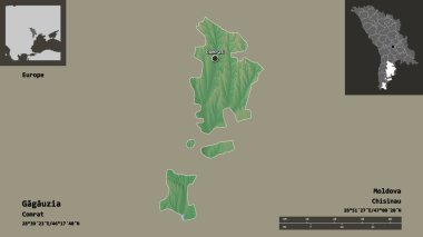 Gagauzia 'nın şekli, Moldova özerk toprağı ve başkenti. Uzaklık ölçeği, ön gösterimler ve etiketler. Topografik yardım haritası. 3B görüntüleme
