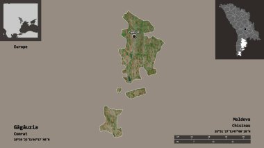 Gagauzia 'nın şekli, Moldova özerk toprağı ve başkenti. Uzaklık ölçeği, ön gösterimler ve etiketler. Uydu görüntüleri. 3B görüntüleme