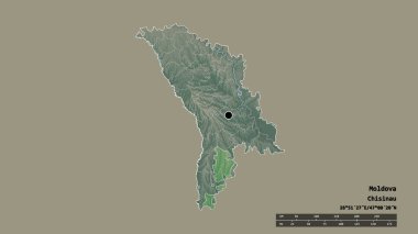 Başkenti, ana bölgesel bölünmesi ve bölünmüş Gagauzia bölgesi ile Moldova 'nın dejenere edilmiş şekli. Etiketler. Topografik yardım haritası. 3B görüntüleme