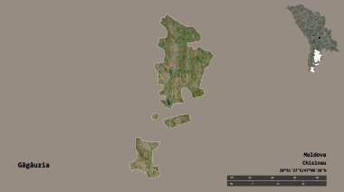 Moldova 'nın özerk bölgesi Gagauzia' nın şekli, başkenti sağlam bir zemin üzerinde izole edilmiş. Uzaklık ölçeği, bölge önizlemesi ve etiketleri. Uydu görüntüleri. 3B görüntüleme