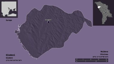 Glodeni 'nin şekli, Moldova ilçesi ve başkenti. Uzaklık ölçeği, ön gösterimler ve etiketler. Renkli yükseklik haritası. 3B görüntüleme