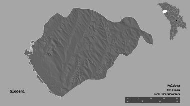 Moldova 'nın Glodeni ilçesi, başkenti sağlam bir zemin üzerinde izole edilmiştir. Uzaklık ölçeği, bölge önizlemesi ve etiketleri. Çift seviyeli yükseklik haritası. 3B görüntüleme