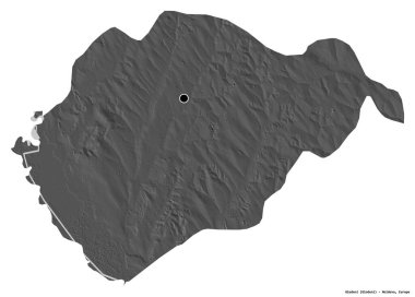 Moldova 'nın Glodeni ilçesi, başkenti beyaz arka planda izole edilmiş. Çift seviyeli yükseklik haritası. 3B görüntüleme