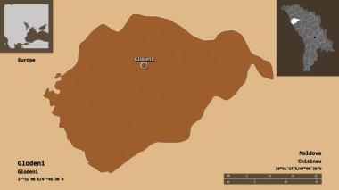 Glodeni 'nin şekli, Moldova ilçesi ve başkenti. Uzaklık ölçeği, ön gösterimler ve etiketler. Düzenli desenli dokuların bileşimi. 3B görüntüleme