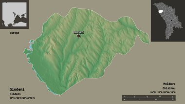 Glodeni 'nin şekli, Moldova ilçesi ve başkenti. Uzaklık ölçeği, ön gösterimler ve etiketler. Topografik yardım haritası. 3B görüntüleme